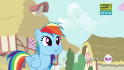 Size: 1280x720 | Tagged: safe, screencap, rainbow dash, pegasus, pony, pinkie pride, all new, aweeg*, cute, dashabetes, female, hub logo, mare, puffy cheeks, solo, text