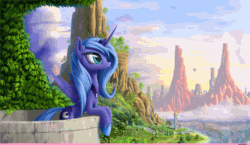 Size: 1720x995 | Tagged: source needed, safe, artist:zigword, edit, princess luna, alicorn, bird, pony, :o, absurd file size, airship, animated, balcony, beautiful, blushing, bridge, circling, cute, female, gif, grass, leaning, looking up, lunabetes, mare, mountain, ocean, open mouth, rain, river, road, s1 luna, scenery, scenery porn, shore, sky, sweet dreams fuel, tower, tree, unknown editor, vine, water, waterfall, wave, wind