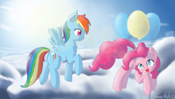 Size: 1600x900 | Tagged: safe, artist:nerow94, derpibooru import, pinkie pie, rainbow dash, earth pony, pegasus, pony, balloon, then watch her balloons lift her up to the sky