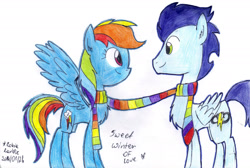 Size: 2454x1650 | Tagged: safe, artist:mariethepony, rainbow dash, soarin', pegasus, pony, clothes, female, male, scarf, shared clothing, shared scarf, shipping, soarindash, straight, traditional art