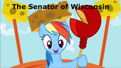 Size: 638x359 | Tagged: safe, edit, rainbow dash, pegasus, pony, pinkie pride, caption, cheese hat, cheese scepter, cheesehead, hat, senator, solo, wisconsin