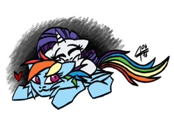 Size: 1000x700 | Tagged: safe, artist:larvarti, derpibooru import, rainbow dash, rarity, pegasus, pony, unicorn, :3, cuddling, cute, drawing, female, lesbian, raridash, shipping, simple background, sleeping, snuggling