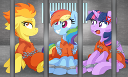 Size: 1935x1159 | Tagged: safe, artist:pearlyiridescence, derpibooru import, rainbow dash, spitfire, twilight sparkle, twilight sparkle (alicorn), alicorn, pegasus, pony, bound wings, chains, clothes, cross-popping veins, cuffs, jail, jumpsuit, prison, prison outfit, prisoner, prisoner rd, prisoner ts, squee