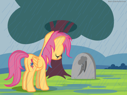 Size: 2750x2060 | Tagged: safe, artist:noah-x3, rainbow dash, scootaloo, pegasus, pony, death, grave, older, rain, sad, solo