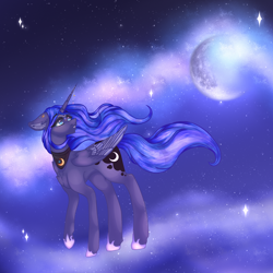 Size: 4096x4096 | Tagged: safe, artist:pokaparida, princess luna, alicorn, pony, ear piercing, earring, female, horn, horn jewelry, jewelry, looking up, mare, moon, night, piercing, solo, stars, windswept mane