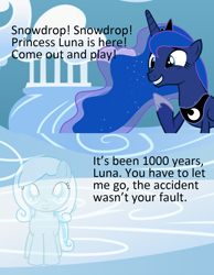 Size: 1080x1389 | Tagged: safe, princess luna, oc, oc:snowdrop, ghost, undead, cloud, cloudsdale, depressing, implied death, meme, sad, smiling, the crash wasn't your fault