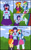 Size: 709x1127 | Tagged: safe, alternate version, artist:tfsubmissions, derpibooru import, part of a series, part of a set, rainbow dash, sunset shimmer, twilight sparkle, human, equestria girls, clothes, comic, derp, faic, football, hug, male to female, rule 63, sexism, skirt, sparkling knowledge (comic), sweetie derelle, transformation, transgender transformation, vagineer, wat