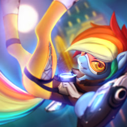 Size: 1093x1093 | Tagged: dead source, safe, artist:exeini, derpibooru import, rainbow dash, pegasus, pony, crossover, female, looking at you, mare, overwatch, rainbow tracer, smiling, solo, tracer, visor, weapon