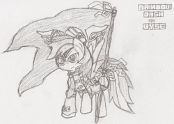 Size: 940x670 | Tagged: safe, artist:gamefreakdx, rainbow dash, pegasus, pony, cosplay, crossover, monochrome, skies of arcadia, solo, vyse