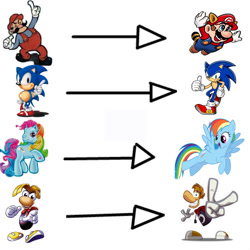 Size: 599x599 | Tagged: safe, rainbow dash, rainbow dash (g3), g3, classic, classic sonic, crossover, donkey kong series, jumpman, mario, modern, rayman, sonic the hedgehog, sonic the hedgehog (series), super mario bros.