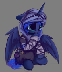 Size: 789x905 | Tagged: safe, artist:hitbass, part of a set, princess luna, alicorn, pony, bottle, clothes, cute, female, gray background, lunabetes, mare, potion, simple background, sitting, sketch, solo, turban