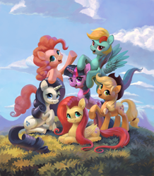 Size: 1048x1200 | Tagged: dead source, safe, artist:maggwai, derpibooru import, applejack, fluttershy, pinkie pie, rainbow dash, rarity, twilight sparkle, unicorn twilight, earth pony, pegasus, pony, unicorn, female, looking at you, mane six, mane six opening poses, mare, open mouth, outdoors, scene interpretation, smiling