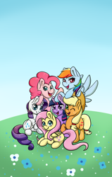 Size: 1018x1600 | Tagged: safe, artist:cleoziep, derpibooru import, applejack, fluttershy, pinkie pie, rainbow dash, rarity, twilight sparkle, earth pony, pegasus, pony, unicorn, intro, mane six, mane six opening poses, scene interpretation