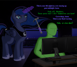 Size: 6000x5200 | Tagged: safe, artist:legendoflink, princess luna, oc, oc:anon, alicorn, human, pony, absurd resolution, computer, dialogue, go to sleep, hammer, stock image