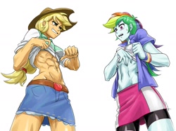 Size: 2003x1500 | Tagged: safe, artist:invisibleone11, derpibooru import, applejack, rainbow dash, equestria girls, abs, applejacked, belly button, clothes, compression shorts, cowboy hat, denim skirt, hat, miniskirt, muscles, shirt, shirt lift, shorts, simple background, skirt, stetson, sweat