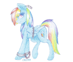 Size: 1024x867 | Tagged: safe, artist:cyanyeh, derpibooru import, rainbow dash, pegasus, pony, bondage, bound wings, chains, cuffs, ear tag, prisoner, prisoner rd, sad, shackles, solo, traditional art