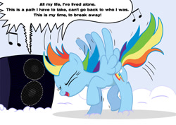 Size: 1000x707 | Tagged: safe, artist:bcrich40, edit, rainbow dash, pegasus, pony, all my life, cloud, daiki kasho, dancing, gran turismo, gran turismo 6, headbang, lyrics, music notes, solo, speakers