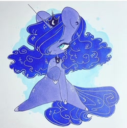 Size: 720x724 | Tagged: safe, artist:dollbunnie, princess luna, alicorn, pony, covered eye, crown, ear piercing, earring, fanart, hair over one eye, instagram, jewelry, markers, piercing, regalia, solo, traditional art