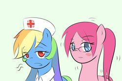 Size: 1024x683 | Tagged: safe, artist:yuwentaiji, derpibooru import, pinkie pie, rainbow dash, earth pony, pegasus, pony, alternate hairstyle, alternate universe, blush sticker, blushing, glasses, hat, nurse, nurse hat, pinkamena diane pie, ponytail, sigh