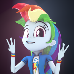 Size: 1000x1000 | Tagged: safe, artist:creatorofpony, artist:fluttercz, derpibooru import, rainbow dash, equestria girls, 3d, arms, breasts, bust, cinema 4d, clothes, collar, collared shirt, cute, dashabetes, eyelashes, female, fingers, grin, hand, happy, long hair, open mouth, open smile, pose, raised eyebrow, shirt, shirt with a collar, short sleeves, smiling, solo, standing, sweatshirt, teenager, teeth, west side, west side sign, wristband