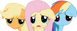 Size: 1811x725 | Tagged: safe, artist:majkashinoda626, derpibooru import, applejack, fluttershy, rainbow dash, earth pony, pegasus, pony, ashamed, guilty, hatless, missing accessory, sad, shame