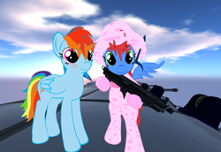 Size: 1024x706 | Tagged: safe, rainbow dash, oc, oc:skittles, pegasus, pony, explicit source, gun, second life