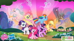 Size: 2208x1242 | Tagged: safe, derpibooru import, applejack, fluttershy, pinkie pie, princess celestia, queen chrysalis, rainbow dash, rarity, twilight sparkle, twilight sparkle (alicorn), alicorn, changeling, changeling queen, earth pony, pegasus, pony, unicorn, app, game, mane six, my little pony harmony quest, my little pony logo, stock vector