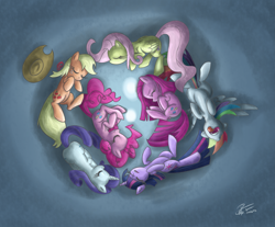 Size: 3073x2550 | Tagged: safe, artist:leadhooves, derpibooru import, applejack, fluttershy, pinkie pie, rainbow dash, rarity, twilight sparkle, earth pony, pegasus, pony, unicorn, duality, mane six, pinkamena diane pie, sleeping