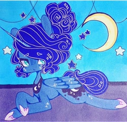 Size: 720x695 | Tagged: safe, artist:dollbunnie, princess luna, alicorn, pony, accessories, bun hairstyle, different hairstyle, eyebrows, instagram, marker drawing, missing accessory, moon, night, solo, stars, traditional art