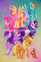 Size: 468x702 | Tagged: safe, artist:tiikay, derpibooru import, angel bunny, applejack, fluttershy, pinkie pie, rainbow dash, rarity, twilight sparkle, twilight sparkle (alicorn), winona, alicorn, earth pony, pegasus, pony, unicorn, mane six