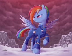 Size: 1024x791 | Tagged: safe, artist:sycotei-b, derpibooru import, rainbow dash, pegasus, pony, alternate timeline, apocalypse dash, crystal war timeline, raised hoof, snow, solo, spread wings