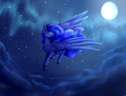 Size: 1600x1216 | Tagged: safe, artist:montystyle, princess luna, alicorn, pony, beautiful, cloud, detailed background, digital art, missing accessory, moon, night, solo