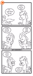 Size: 1300x2953 | Tagged: safe, artist:foxbeast, derpibooru import, applejack, rainbow dash, soarin', earth pony, pegasus, pony, comic:pie love, comic, dialogue, eating, female, food, implied pinkie pie, lineart, male, messy eating, monochrome, nom, patreon, patreon logo, pie, shipping, simple background, soarinjack, spread wings, straight, that pony sure does love pies, white background