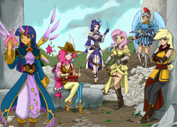 Size: 2000x1440 | Tagged: safe, artist:johnjoseco, color edit, colorist:lanceomikron, derpibooru import, edit, applejack, fluttershy, pinkie pie, rainbow dash, rarity, twilight sparkle, twilight sparkle (alicorn), alicorn, human, adventuring party, archer, archmage, arrow, bard, bard pie, bow (weapon), bow and arrow, colored, dragoon, drums, drumsticks, dungeons and dragons, enchantress, fantasy class, female, horn wand, humanized, knight, looking at you, mane six, monk, my little mages, open mouth, paladin, ranger, shield, smiling, spear, wand, warrior, weapon, winged humanization, wings, wizard