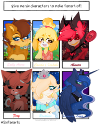 Size: 1164x1446 | Tagged: safe, artist:ramufuu, princess luna, alicorn, anthro, chipmunk, dog, pony, :d, alastor, animal crossing, animatronic, anthro with ponies, bust, clothes, crossover, crown, female, five nights at freddy's, foxy, hair over one eye, hazbin hotel, hook, isabelle, jewelry, mare, open mouth, peytral, princess rosalina, regalia, rosalina, sally acorn, six fanarts, smiling, sonic the hedgehog (series), super mario bros., tiara