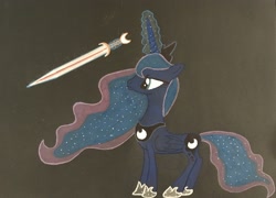 Size: 2134x1536 | Tagged: safe, artist:magicnova, derpibooru exclusive, princess luna, alicorn, pony, black background, female, magic, magic aura, mare, simple background, solo, sword, traditional art, weapon