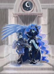 Size: 1280x1746 | Tagged: safe, artist:oneiricnebula, princess luna, oc, oc:specter ace, anthro, bat pony, amazonian, assault rifle, bat pony oc, bat wings, beret, body armor, boots, braided ponytail, braided tail, clothes, coat, corset, fn scar, freckles, gloves, gun, hat, height difference, knee-high boots, military uniform, night guard, purple eyes, rain, rifle, scar-h, shoes, sword, tall, trenchcoat, trigger discipline, uniform, weapon, wings