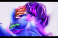 Size: 817x535 | Tagged: safe, artist:tangomangoes, derpibooru import, rainbow dash, twilight sparkle, twilight sparkle (alicorn), alicorn, pegasus, pony, female, kissing, lesbian, shipping, twidash