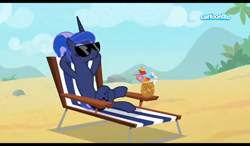 Size: 1024x600 | Tagged: safe, screencap, princess luna, alicorn, pony, between dark and dawn, beach, beach chair, cartoonito logo, drink, female, hooves behind head, mare, relaxing, rock, smoothie, solo, sunglasses, youtube link