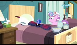 Size: 1024x600 | Tagged: safe, screencap, nurse sweetheart, princess luna, alicorn, pony, unicorn, between dark and dawn, butt, cartoonito logo, covered, duo focus, hospital, nurse, plot, race swap, shocked, shrunken pupils, sunburn, sunscreen, under pillow, unnamed character, unnamed pony