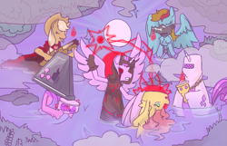 Size: 1273x819 | Tagged: safe, artist:php93, derpibooru import, applejack, fluttershy, pinkie pie, rainbow dash, rarity, twilight sparkle, twilight sparkle (alicorn), alicorn, earth pony, pegasus, pony, unicorn, burqa, cool whip, corrupted twilight sparkle, gimp suit, gun, mane six, pyramid head, satanic ritual, shotgun, squidbillies, swimming, weapon