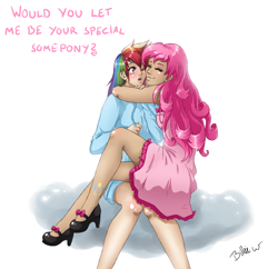 Size: 2534x2450 | Tagged: safe, artist:missangest, derpibooru import, pinkie pie, rainbow dash, human, blushing, clothes, dress, female, high heels, hug, humanized, lesbian, mary janes, pinkiedash, shipping