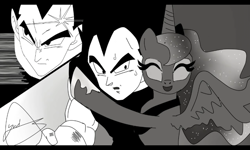 Size: 800x480 | Tagged: safe, artist:yordisz, screencap, princess luna, alicorn, pony, angry, black and white, crossover, crossover shipping, dragon ball z, fanfic, fanfic art, grayscale, hug, monochrome, shipping, smiling, vegeta