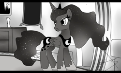 Size: 800x480 | Tagged: safe, artist:yordisz, screencap, princess luna, alicorn, pony, black and white, fanfic art, grayscale, monochrome, solo