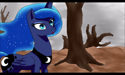 Size: 800x480 | Tagged: safe, artist:yordisz, princess luna, alicorn, pony, cloud, cloudy, dead trees, desert, fanfic art, solo, tree