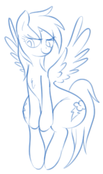 Size: 413x700 | Tagged: safe, rainbow dash, pegasus, pony, bedroom eyes, chest fluff, curvy, cute, dashabetes, monochrome, seductive, sitting, sketch, solo, spread wings, wide hips