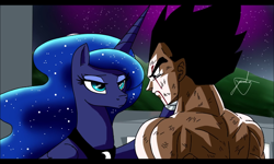 Size: 800x480 | Tagged: safe, artist:yordisz, screencap, princess luna, alicorn, pony, comforting, crossover, crossover shipping, dragon ball super, dragon ball z, fanfic art, injured, night, saiyan, shipping, vegeta