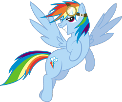 Size: 1383x1157 | Tagged: safe, artist:shamonme, derpibooru import, rainbow dash, pegasus, pony, flying, goggles, grin, simple background, smiling, solo, transparent background