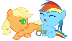 Size: 1280x733 | Tagged: safe, artist:red4567, derpibooru import, applejack, rainbow dash, earth pony, pegasus, pony, baby dash, babyjack, cider, cup, cute, dashabetes, foal, hooves, jackabetes, red4567 is trying to murder us, stuck, weapons-grade cute