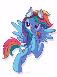 Size: 4259x5699 | Tagged: dead source, safe, artist:random-gal, derpibooru import, rainbow dash, pegasus, pony, absurd resolution, alternate hairstyle, goggles, long mane, rearing, solo, spread wings, unamused, wings